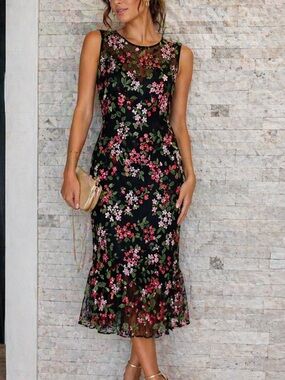 Calvin Klein Black Midi Dress with Pink & Red Floral Embroidery size 6